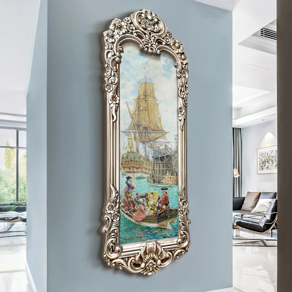 玄关装饰画竖版挂画走廊壁画独特造型画框人物欧式风景大芬村油画