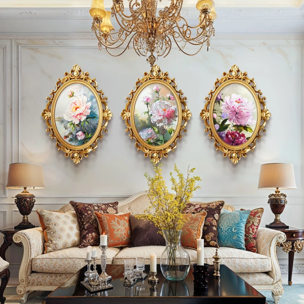 入户玄关装饰画欧式花卉玫瑰花油画法式走廊挂画背景墙壁三联画