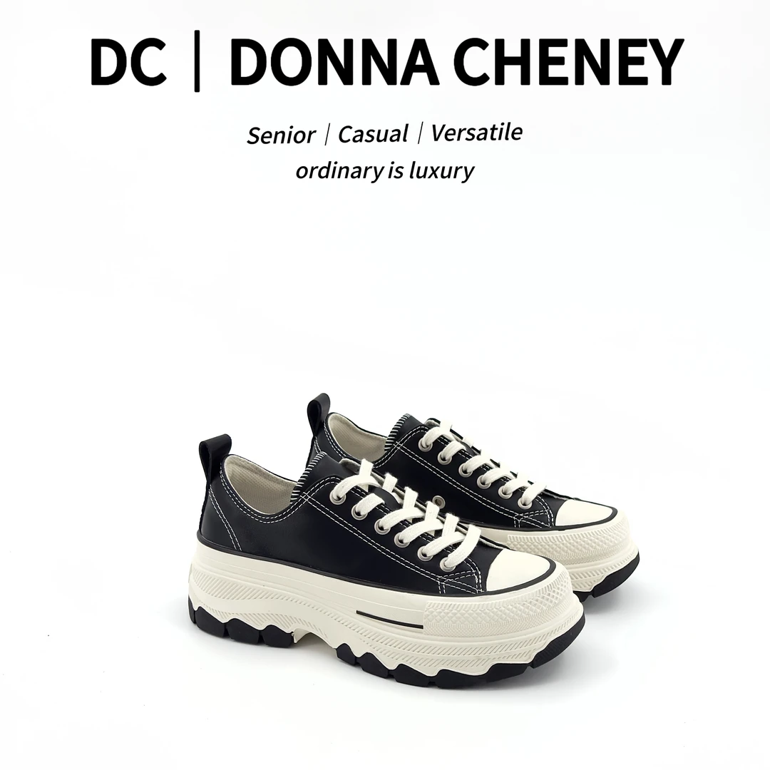 DONNA CHENEY匡匡限定黑色板鞋2024新款真皮低帮松糕底潮流休闲鞋