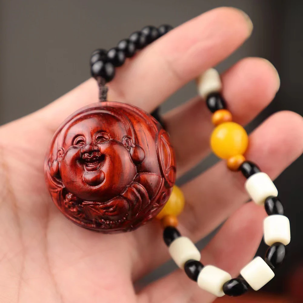 紫檀木小财迷吊坠双面财神爷弥勒佛吊坠实木雕刻工艺随身把玩挂件