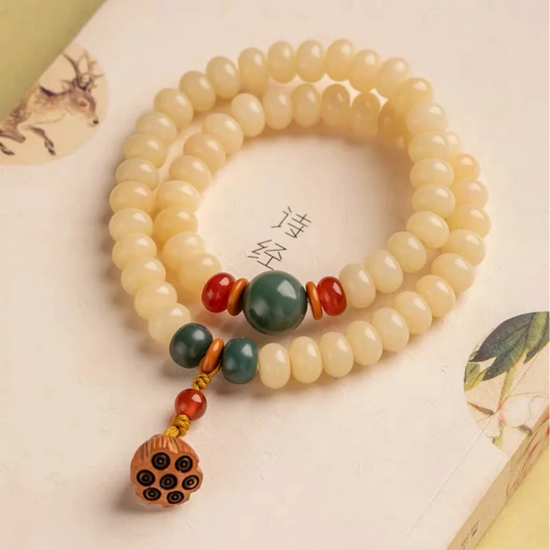 奶油黄玉化菩提根手串男女款手串佛珠白玉菩提算盘珠双圈转运莲蓬