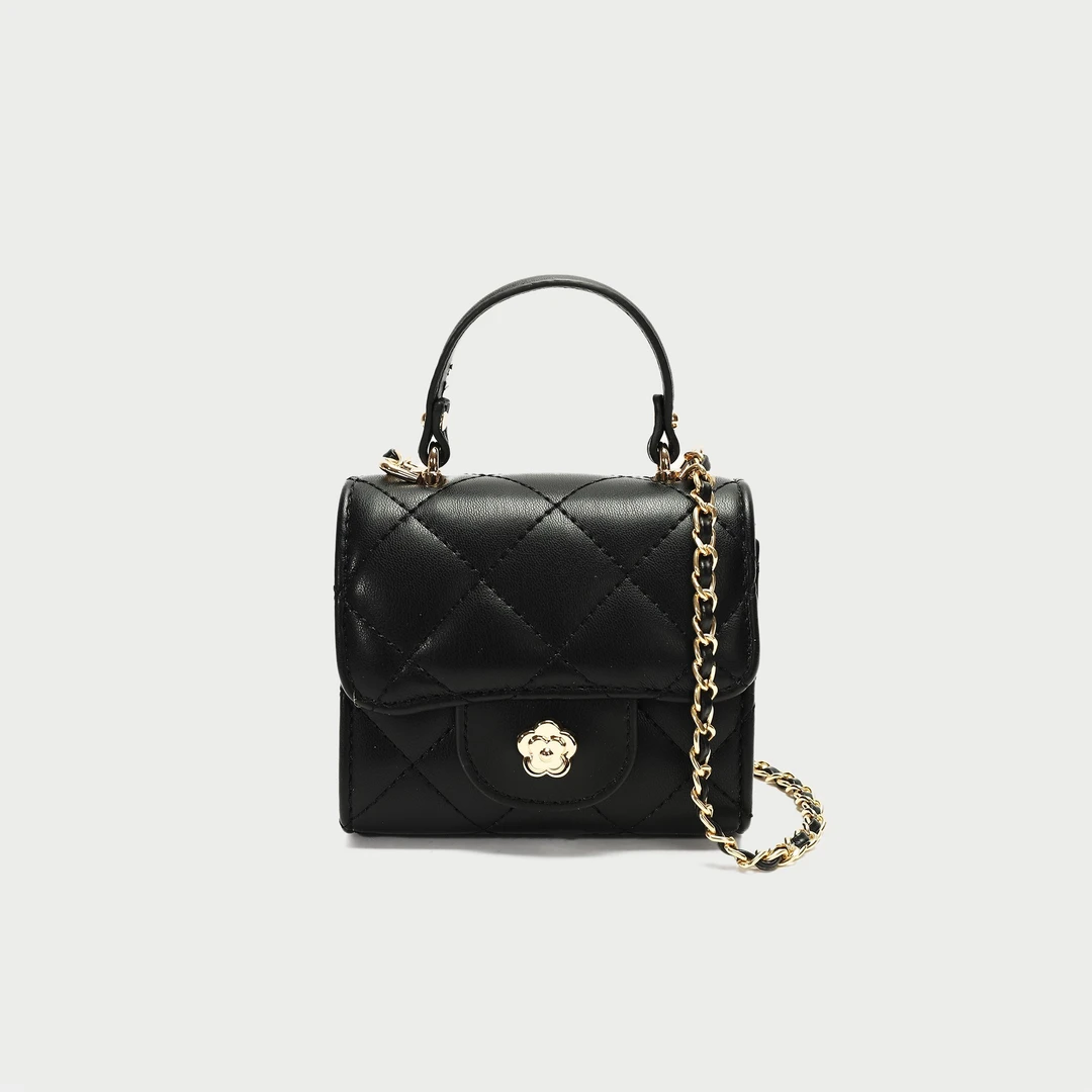 山茶花黑色菱格纹链条斜挎包