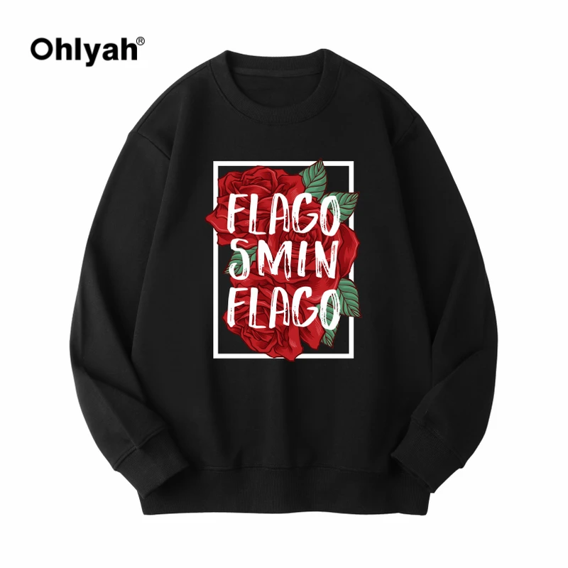 Ohlyah原创美式标语边框红玫瑰印花圆领卫衣男女无帽情侣ins潮牌