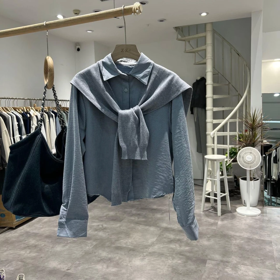 5418东大门秋冬款条纹衬衣加披肩两件套装（披肩可拆卸）