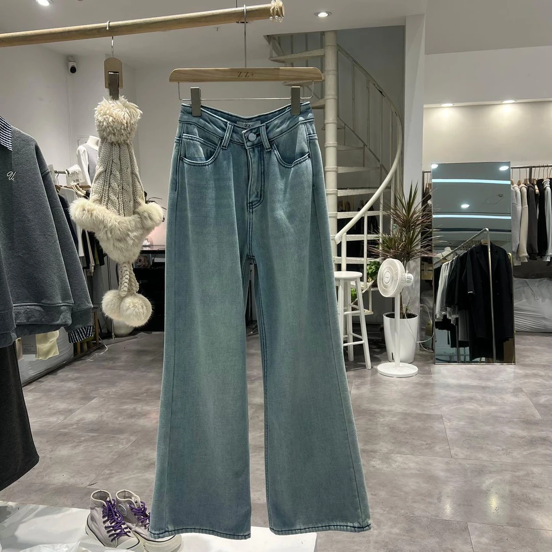 8368东大门冬季新款（加绒）撞色贴标设计窄版阔腿牛仔裤显瘦