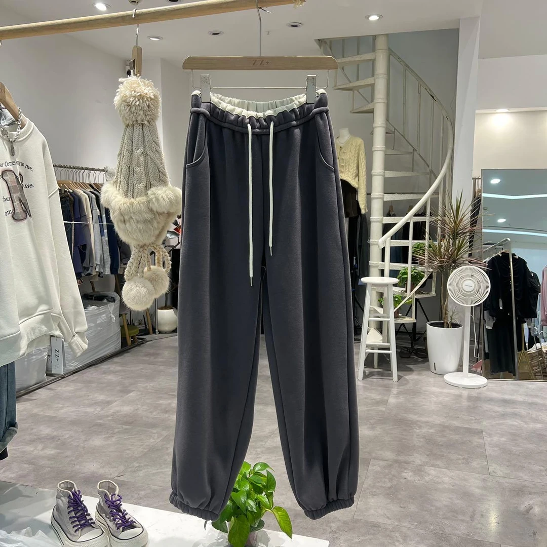 8348东大门冬季新款撞色拼接腰头抽绳设计休闲束脚卫裤