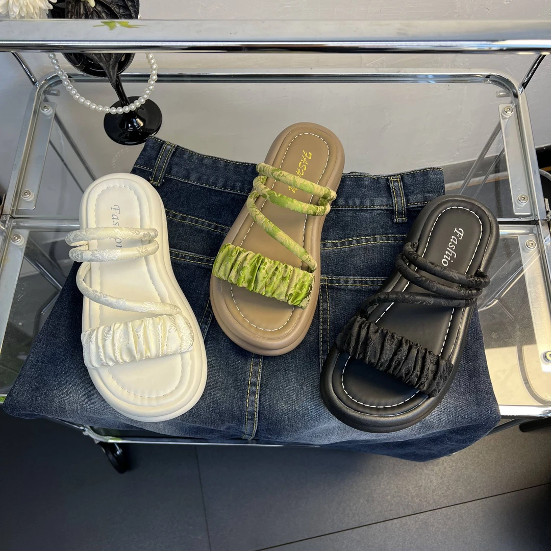 【B】2024夏新款两穿云朵褶皱厚底防滑一字拖鞋女外穿百搭仙女风