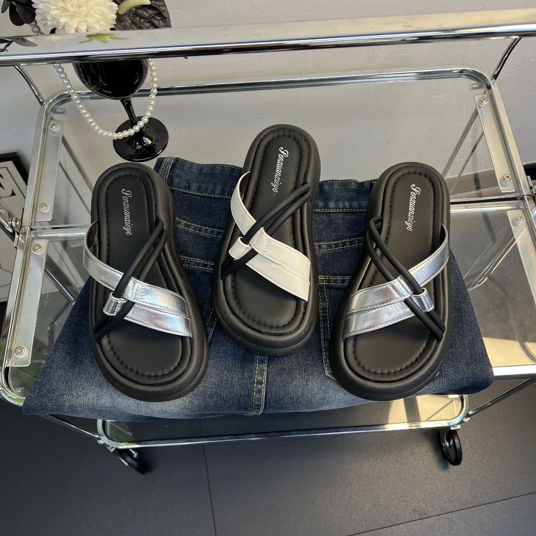 【B】2024夏新款交叉带厚底露趾防滑一字拖鞋女外穿百搭仙女风凉拖