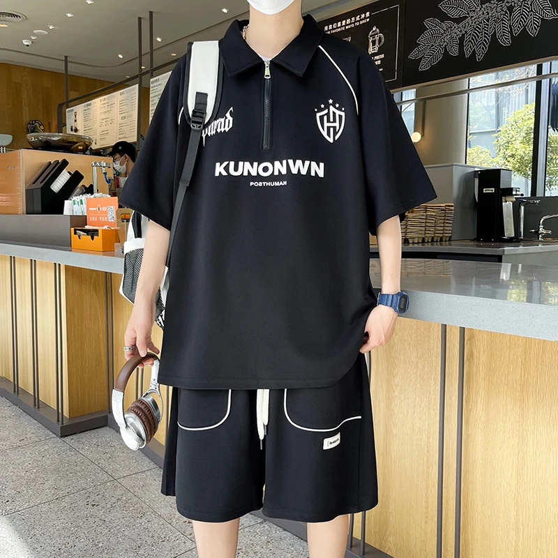 美式潮牌夏季翻领POLO衫短袖T恤男休闲短裤套装青少年学生一整套