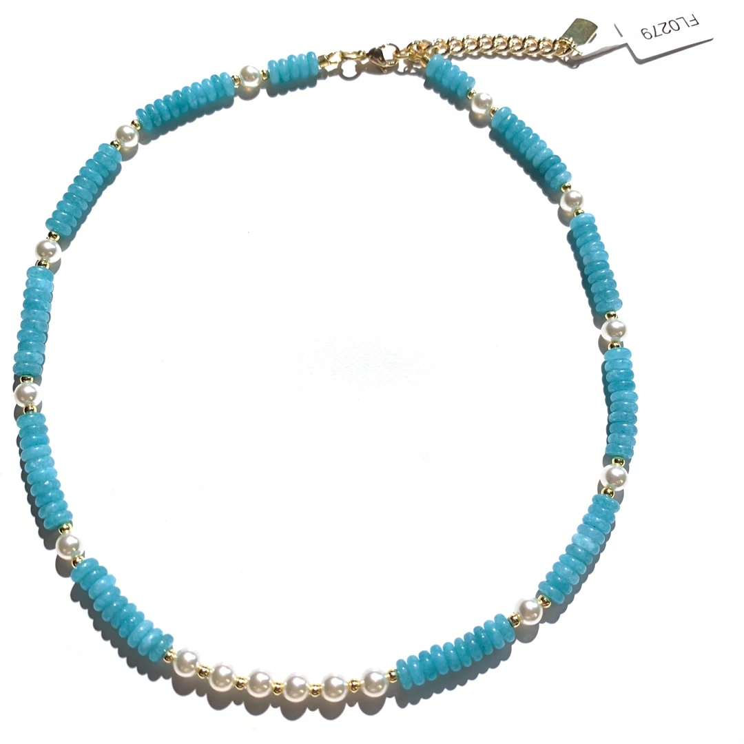 铜合金琉璃项链 时尚轻奢蓝千层白珠微笑项链FL0279