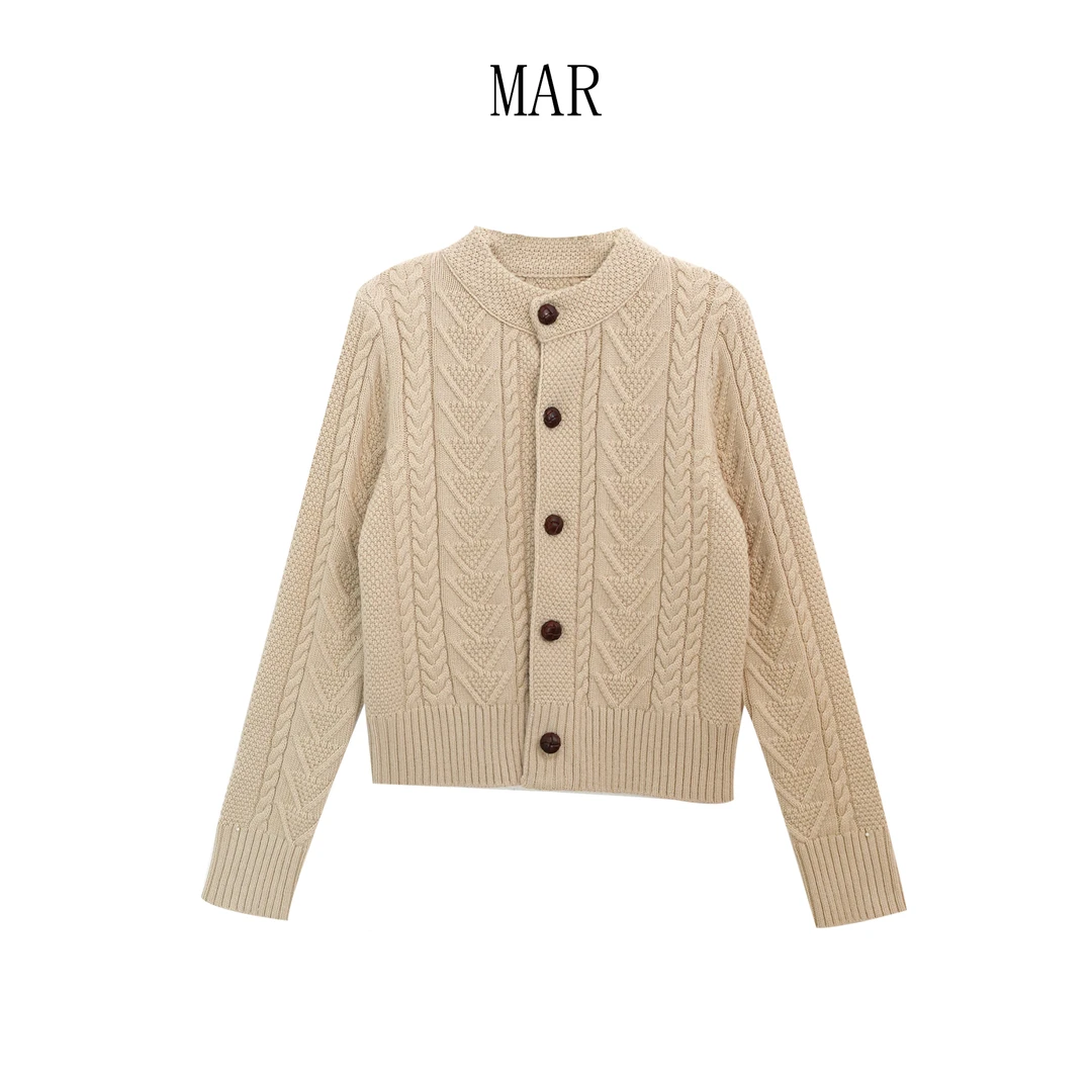 MAR 小众复古绞花羊毛针织开衫加厚毛衣女圆领冬季上衣MAR5392