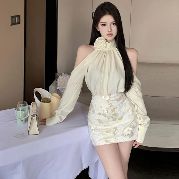 纯欲风气质名媛高级感套装设计感露肩衬衫亮片包臀短裙温柔两件套