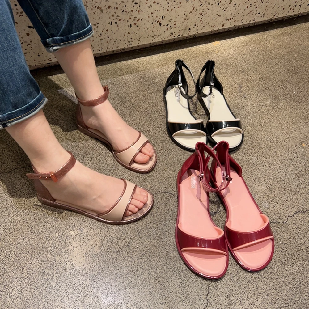 梅丽莎正品果冻女鞋夏季新款法式百搭小清新一字扣带平底沙滩凉鞋