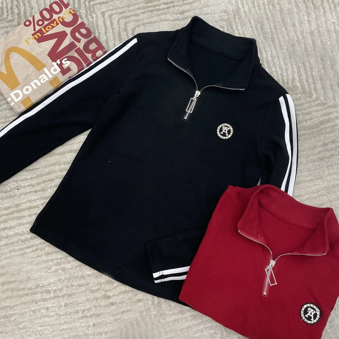 2024秋冬新品时尚百搭显瘦加绒加厚半拉链长袖打底女士上衣7696