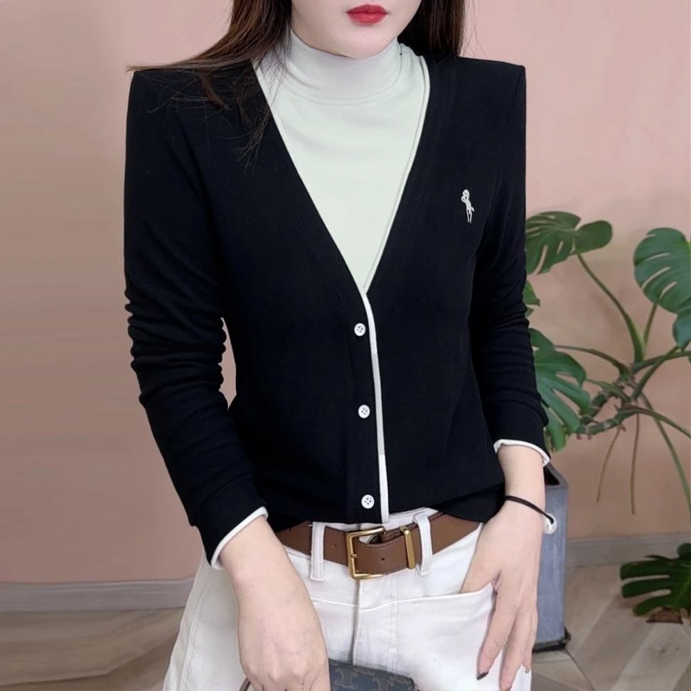 2024秋冬季新品时尚百搭加绒加厚保暖拼接半高领女士长袖上衣7708