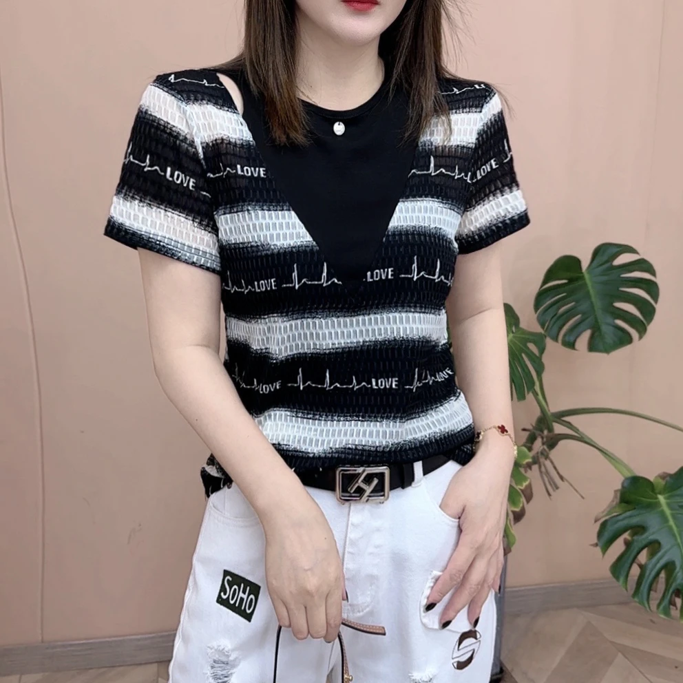 2024夏季新品时尚打底百搭拼接露肩休闲减龄T恤女士短袖上衣7446