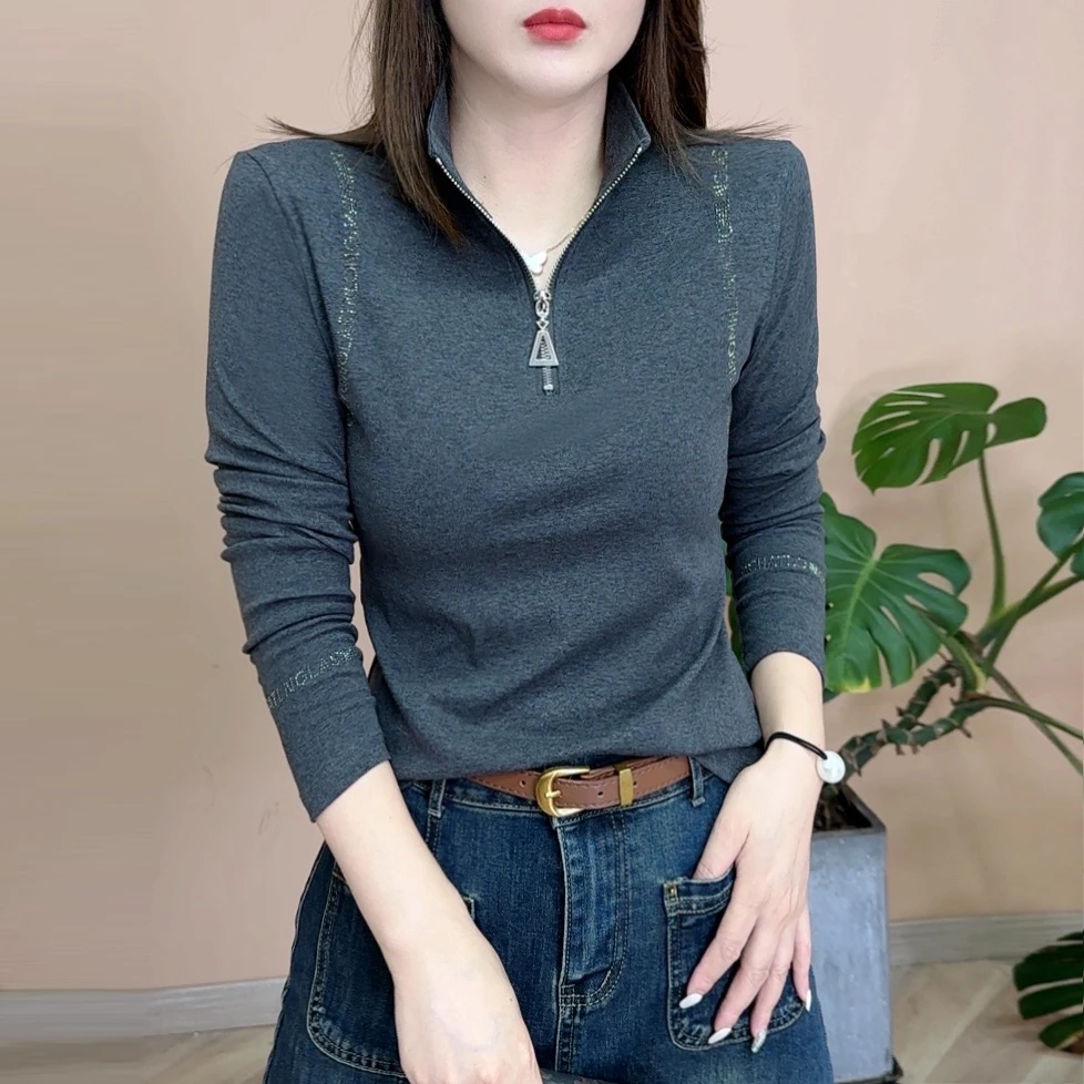 2024秋季新品时尚百搭气质修身显瘦个性半拉链打底女士上衣7653