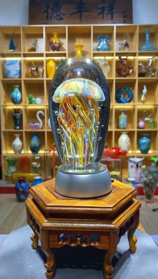 【闪购商品】瓷摆件纯手工琉璃夜光彩虹水母+灯座