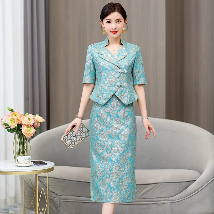 结婚妈妈装礼服两件套夏款中年女装阔太太宽松显瘦上衣半身裙套装