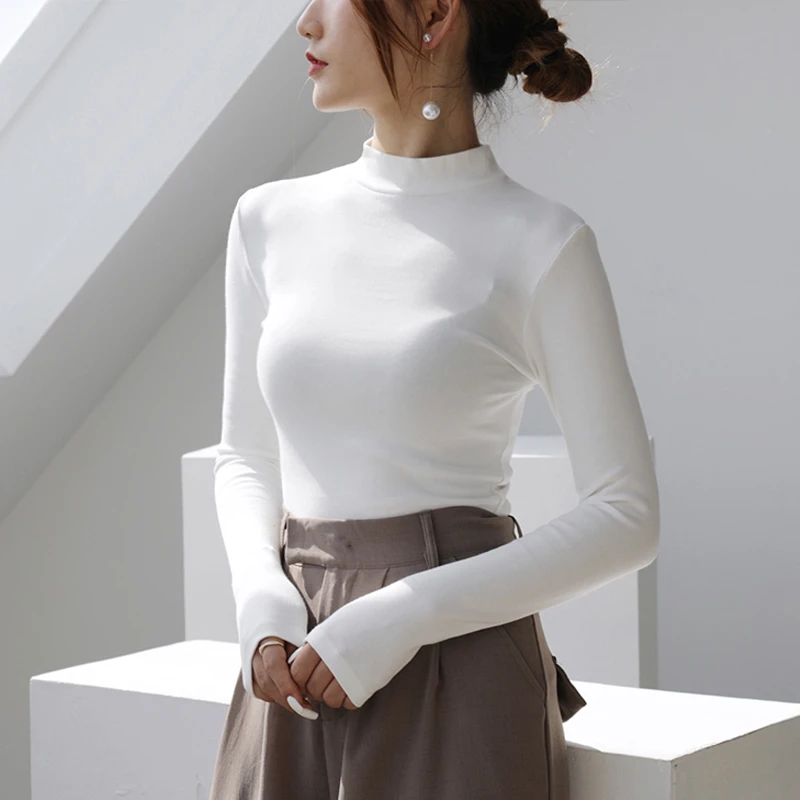 2023秋冬纯色百搭贴身打底衫女士长袖磨毛保暖内搭立领显瘦上衣