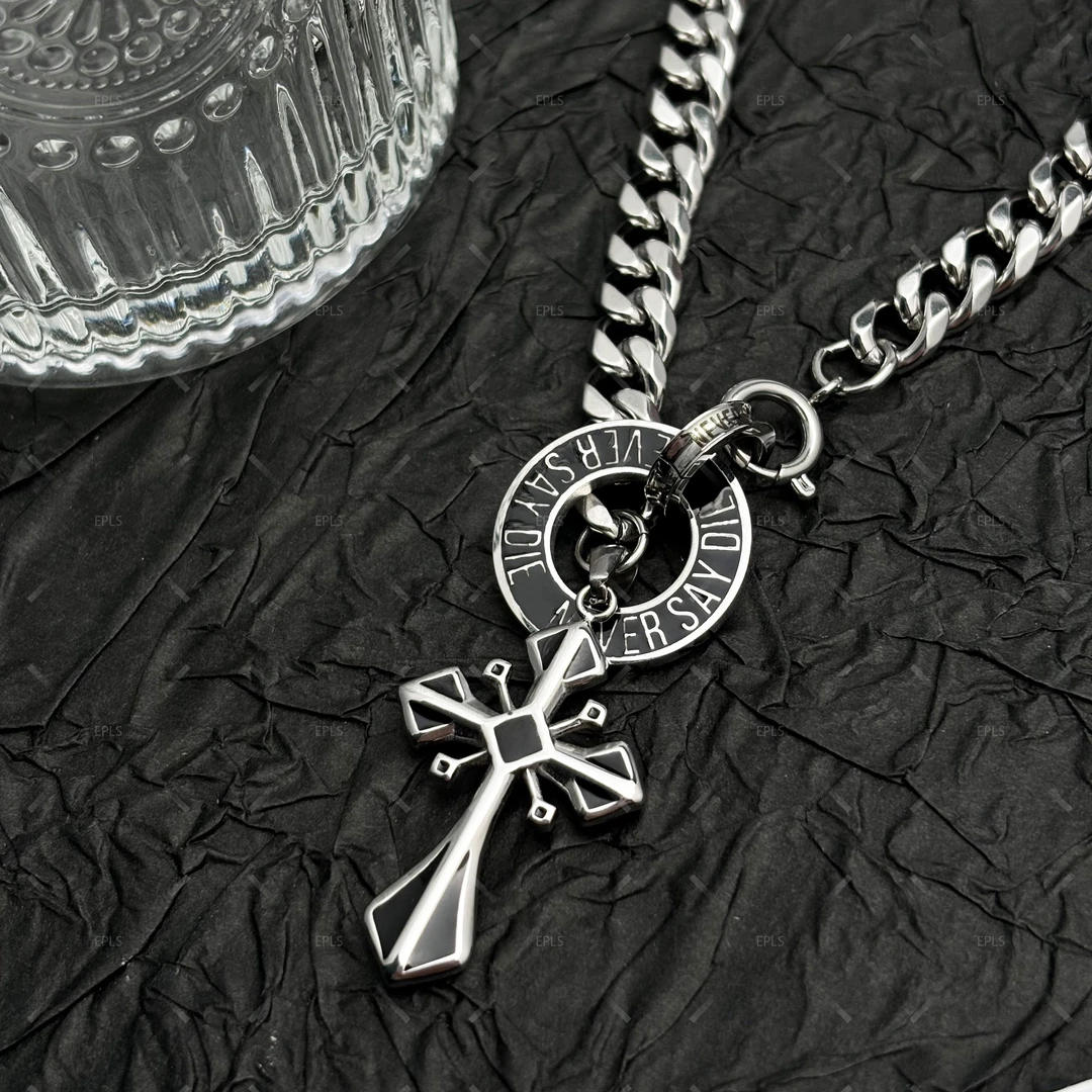 钛钢吊坠 欧美高级感古巴十字架钛钢项链简约个性男生吊坠项链