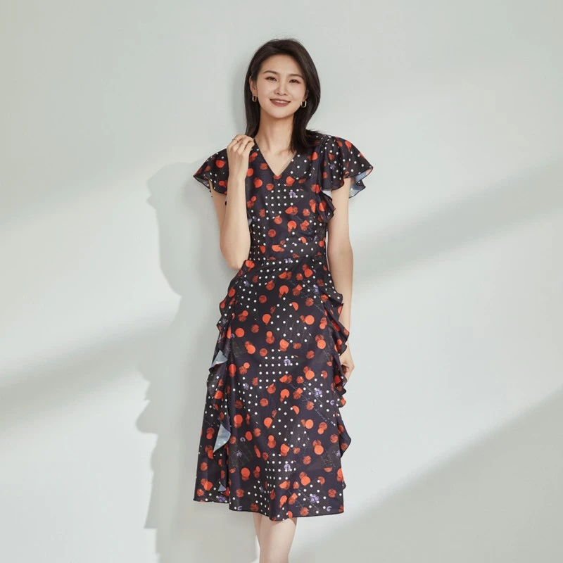 INSEE【上格】春夏印花a字气质长裙碎花时尚收腰连衣裙 AC563019A