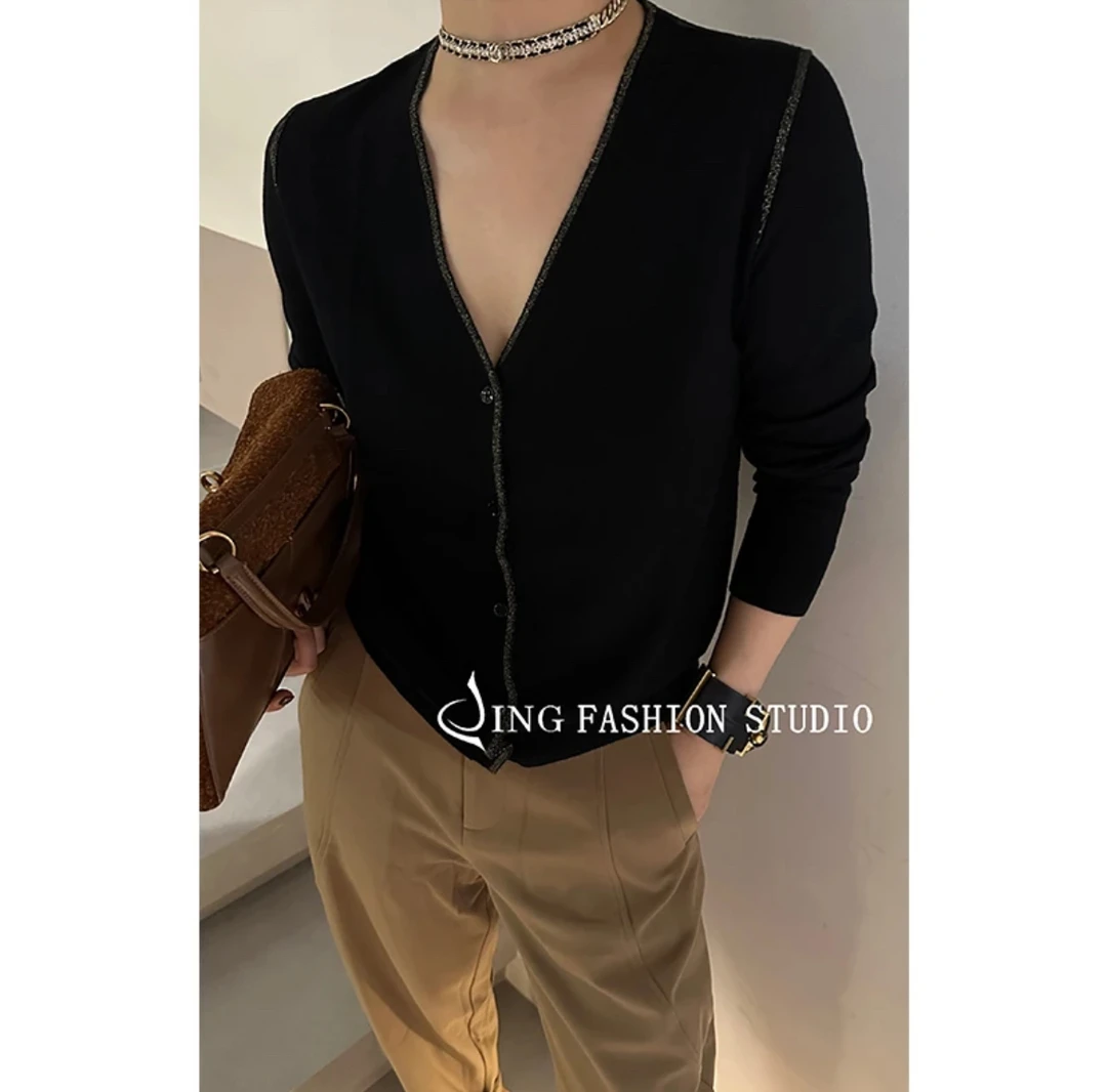 JING新款810020女装时尚开衫宽松百搭V领长袖衫舒适开衫