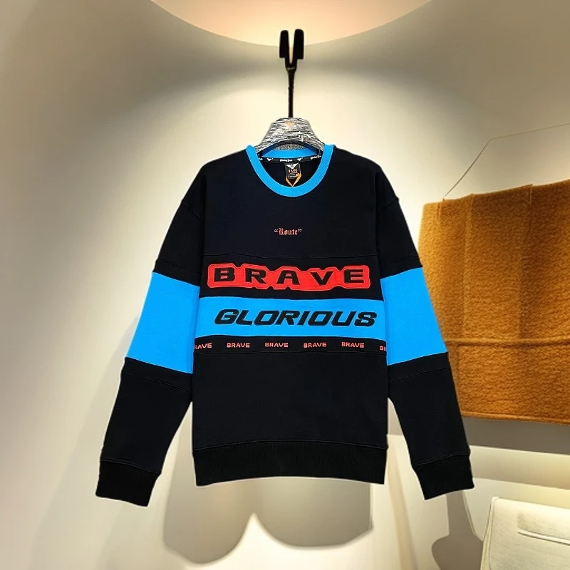 男士秋冬时尚宽松拼接圆领休闲长袖卫衣套头潮流百搭黑色上衣秋季