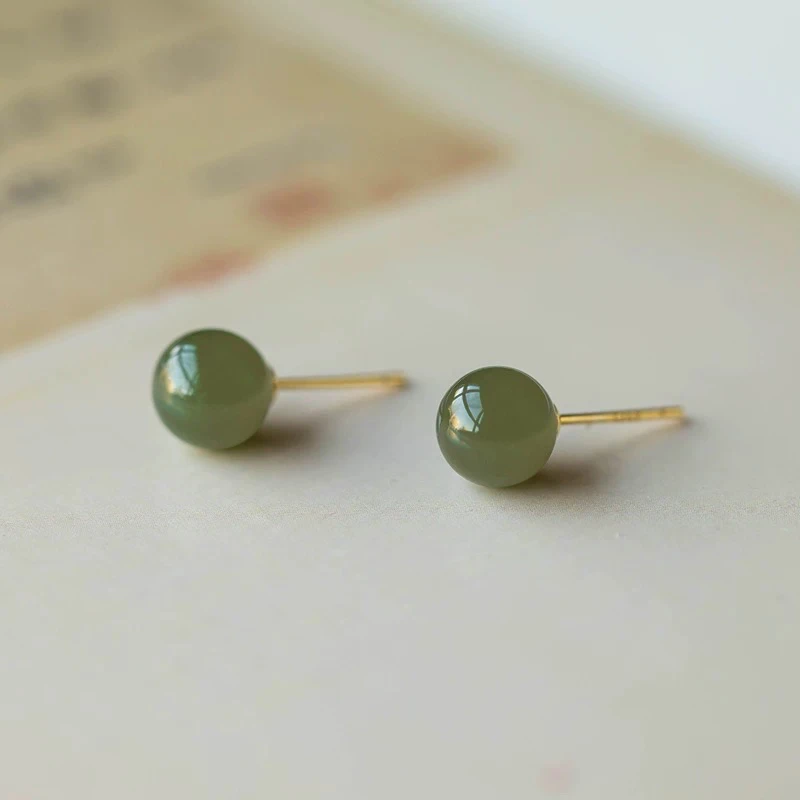 和田玉大耳钉新疆青黄口S925银度金镶嵌时尚百搭款