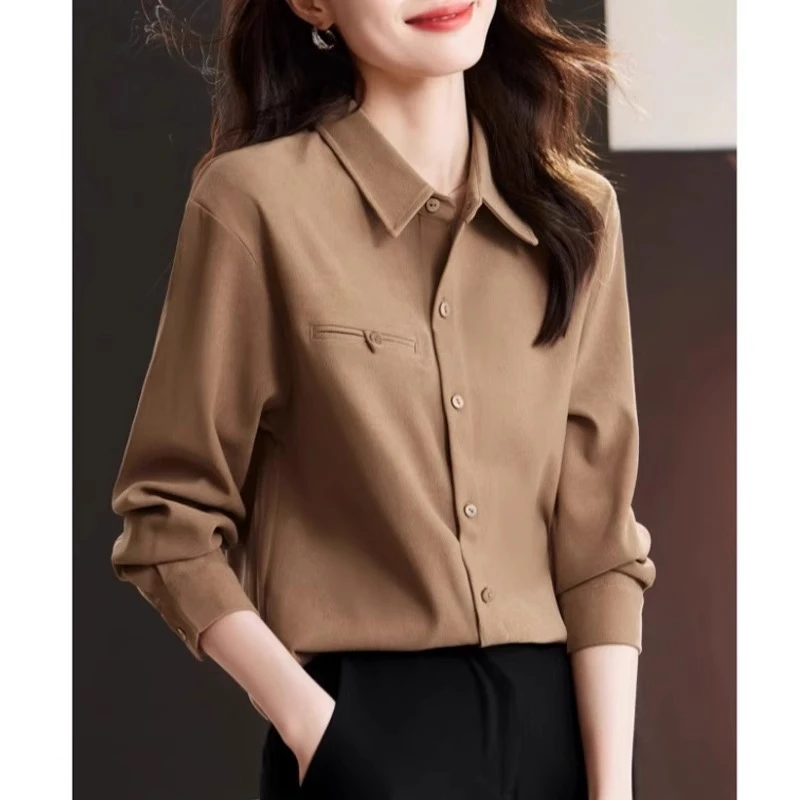 杜拉妮轻熟磨毛长袖衬衫女士2025春秋季翻领宽松衬衣叠穿内搭上衣