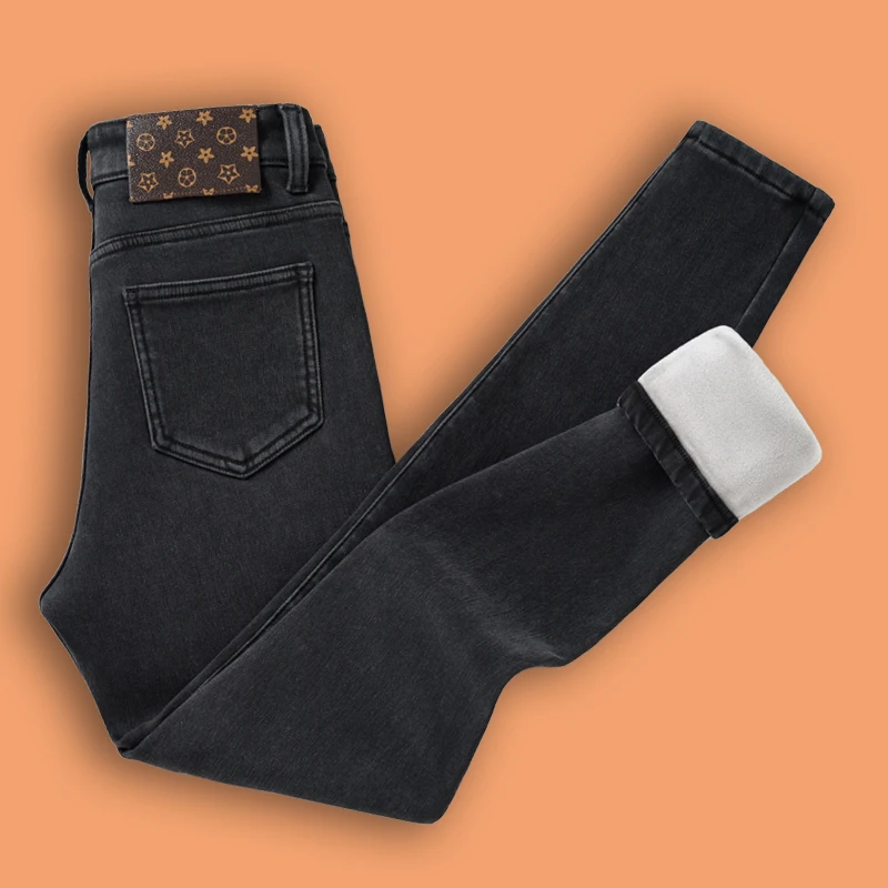 黑灰色加绒牛仔裤女冬季2025年新款高腰显瘦弹力修身小脚铅笔裤子