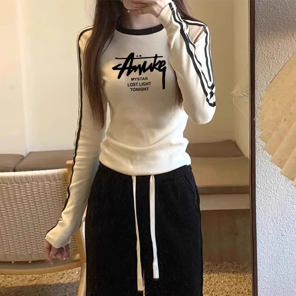 杜拉妮正肩T恤女2025年春装新款修身长袖上衣收腰显瘦内搭打底衫