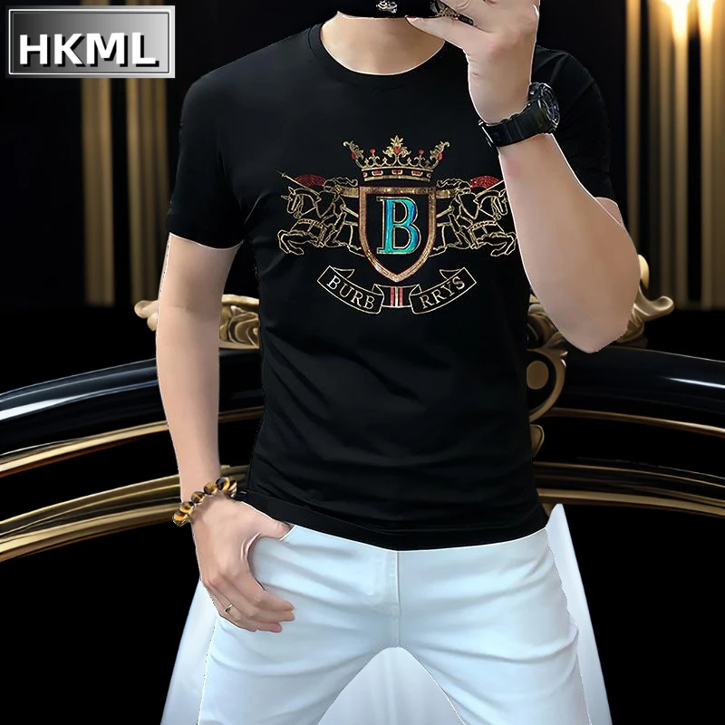 欧洲站2025新款夏季潮牌烫钻男短袖T恤休闲百搭高档修身圆领短袖