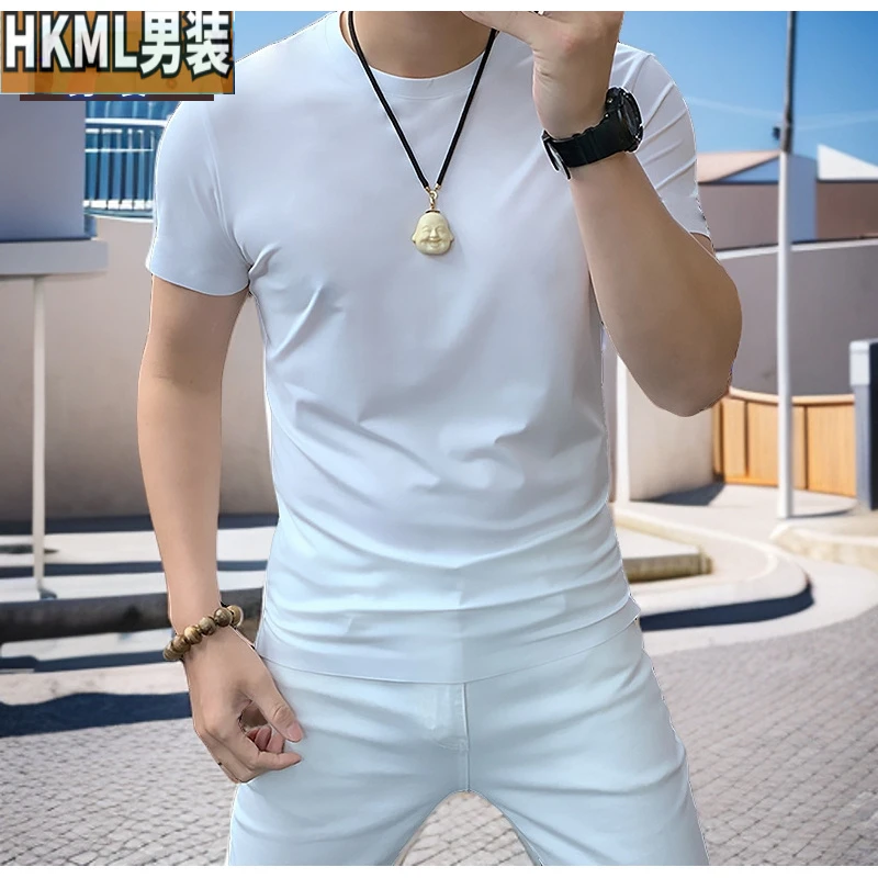 夏季圆领纯色短袖t恤男潮流修身休闲新款打底紧身薄款小白男士T恤