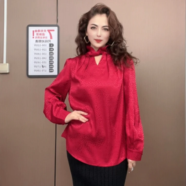 时尚优雅气质百搭高领宽松衬衫