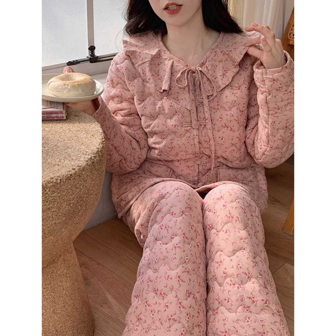 睡衣女冬季三层加厚加绒夹棉袄小碎花可外穿家居服秋冬款休闲套装