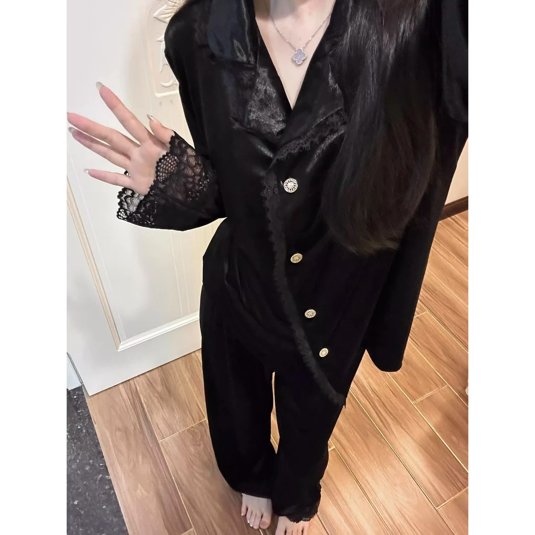 法式高级长袖金丝绒睡衣女秋冬季新款纯欲蕾丝花边加绒保暖家居服