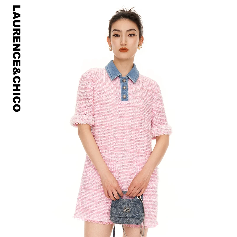 LAURENCE & CHICO 钉珠花呢拼牛仔翻领浅粉连衣裙D3AX10117010