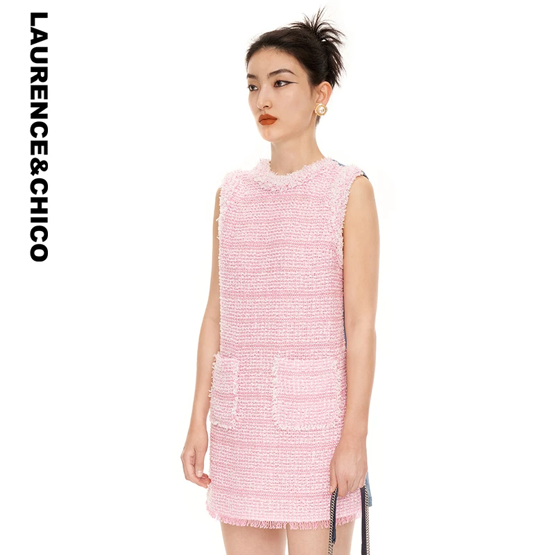 LAURENCE & CHICO时尚钉珠花呢拼牛仔背心浅粉连衣裙D3AX10117009