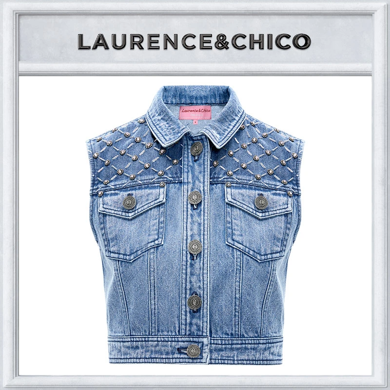 LAURENCE & CHICO时尚潮流通勤钻饰蓝色牛仔马甲D3AX10112005
