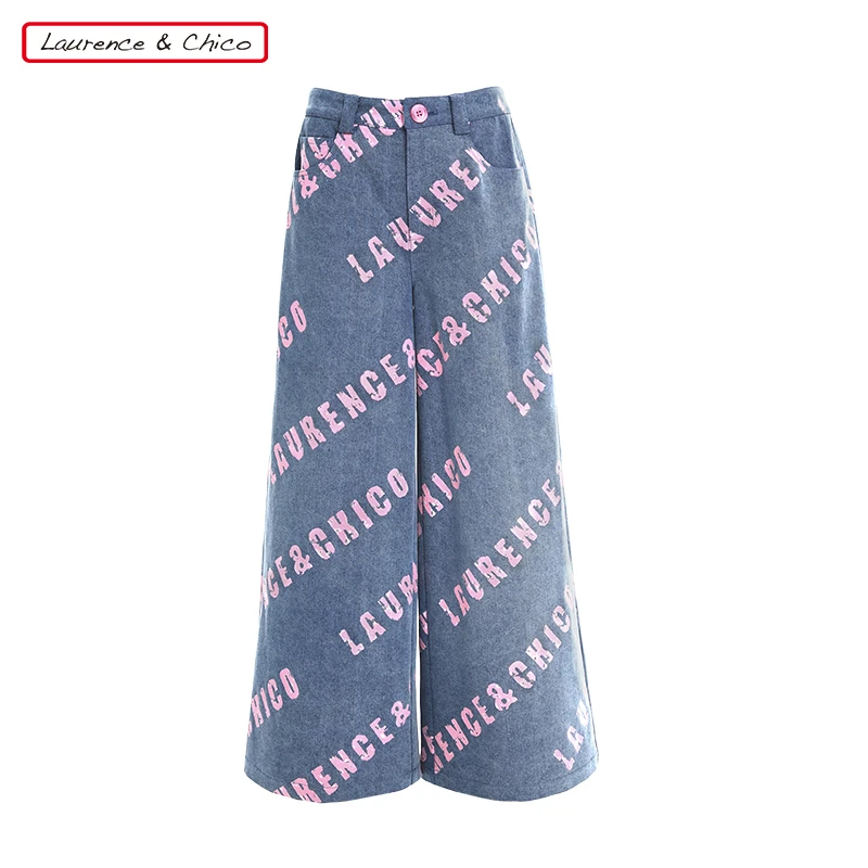LAURENCE & CHICO时尚满印设计师辣妹风牛仔阔腿裤C3AC10115015