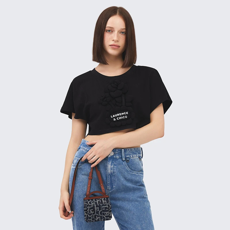 LAURENCE & CHICO立体云朵花玩偶无袖短款休闲T恤黑色21FWC0003