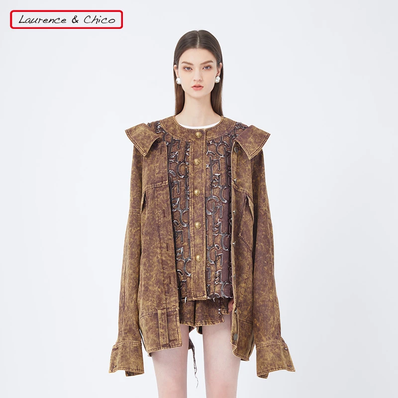 LAURENCE & CHICO牛仔皮革两件式Oversized夹克，咖色D2AQ10112010