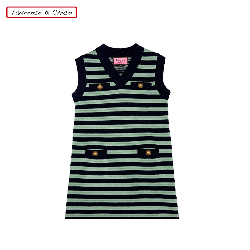 LAURENCE & CHICO绿色休闲条纹V领无袖连衣裙C2AQ10116068