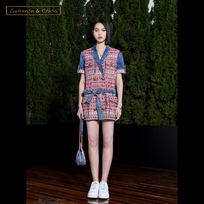 LAURENCE & CHICO粗花呢牛仔拼接西装连衣裙，蓝粉色C3AC10117019