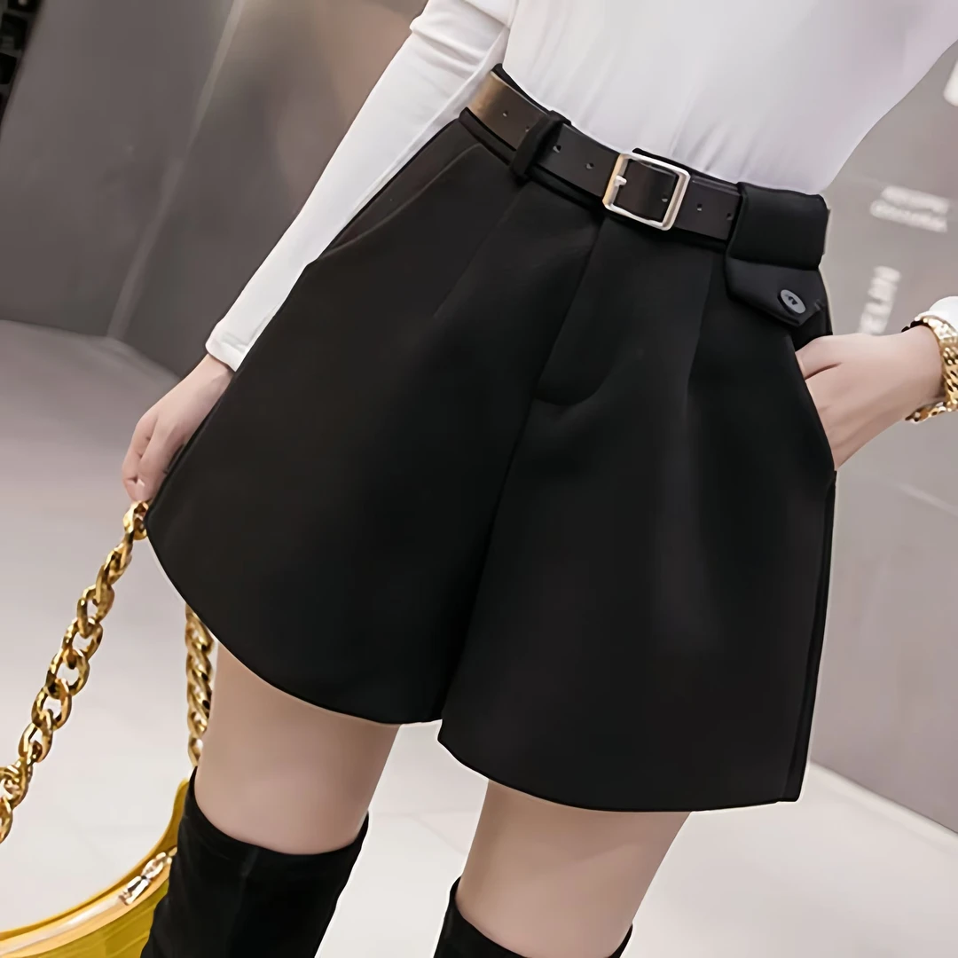 2024春秋新款黑色外穿毛呢短裤女高腰显瘦a字阔腿百搭打底靴裤