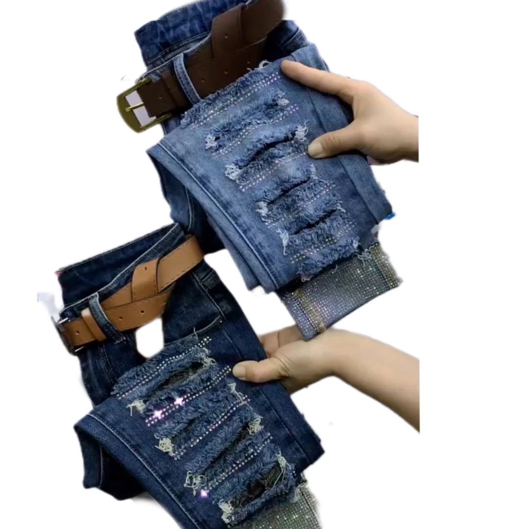 6696款时尚潮流重工网钻破洞内有网沙修身小脚牛仔裤(无腰带)