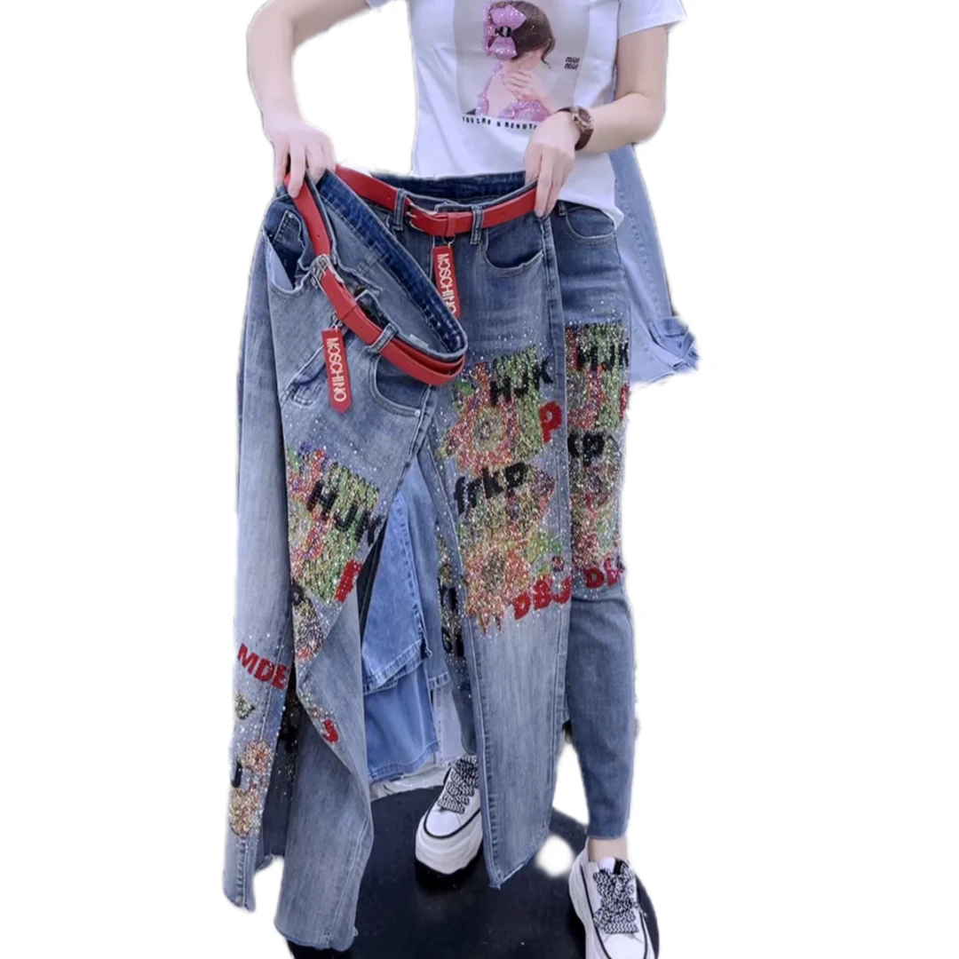 8805款重工烫钻修身显瘦弹力牛仔九分微垮裤（购买无腰带）