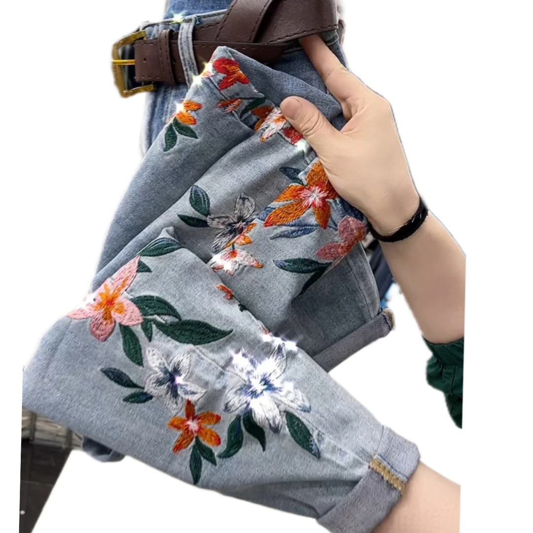 5829夏季新款重工刺绣薄款弹力牛仔老爹裤，购买无腰带