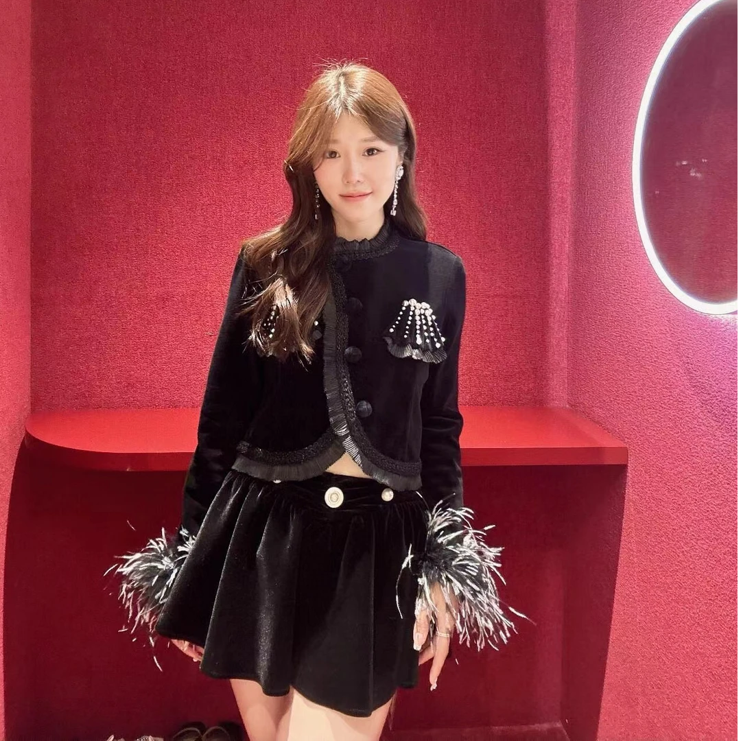 2024秋冬新款长袖丝绒外套半身裙两件套装女